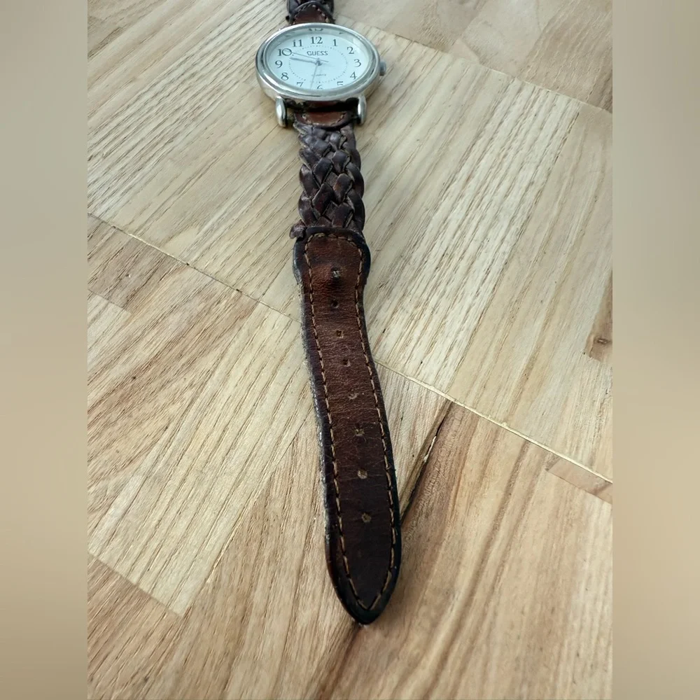 Vintage guess ladies silver tone brown braided leather watch NEW BATTERY
